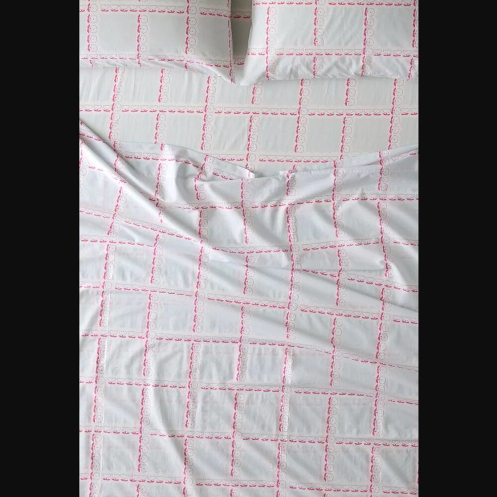 Urban Outfitters Briar White w. Pink Lila Floral & Blue Gridded Queen Sheet Set